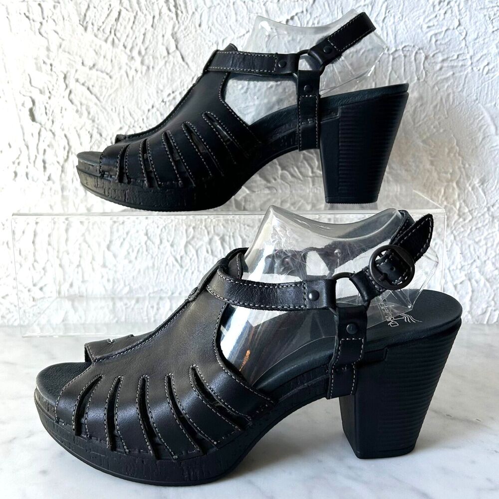 Dansko Heeled Sandals Women's 41/10.5 Black Leather Open Toe Slingback Randa